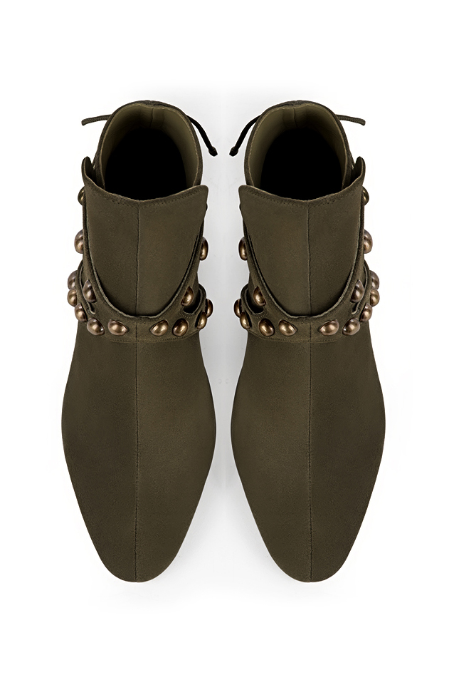 Khaki green women's ankle boots with laces at the back. Round toe. Medium flare heels. Top view - Florence KOOIJMAN